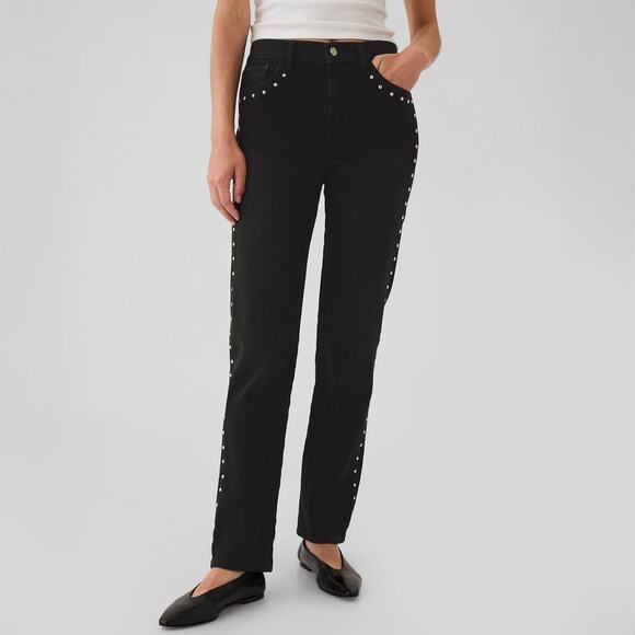 GAP 90s Straight High Rise Black Studded Jeans Size 26 - Picture 1 of 6